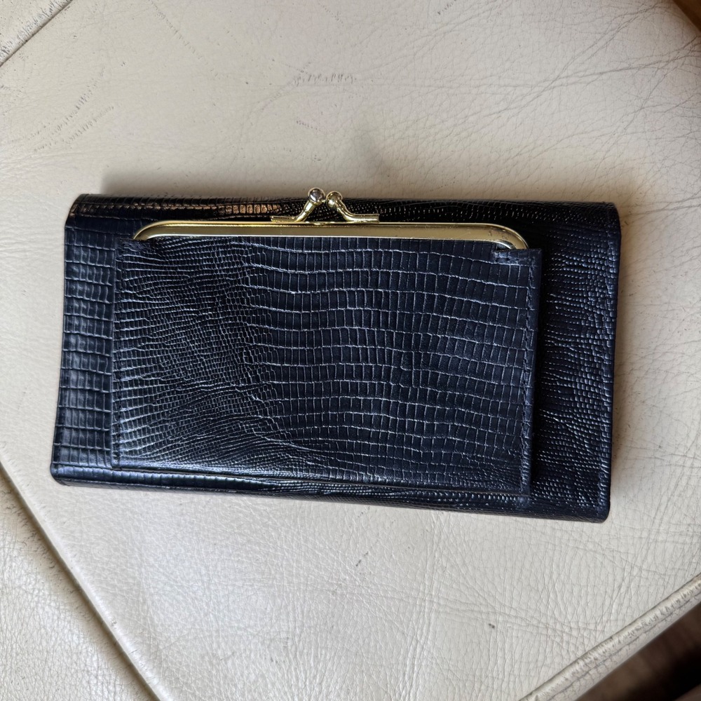 Mundi VTG Black Lizard Embossed Leather Checkbook Wallet Kiss Lock Coin Purse